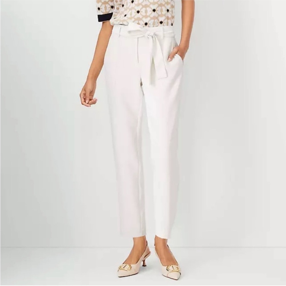 Ann Taylor Tie Waist Ankle Pants 2 Ivory Crepe Slim Tapered Career Workwear